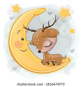 Cute Cartoon Deer is sleeping on the moon