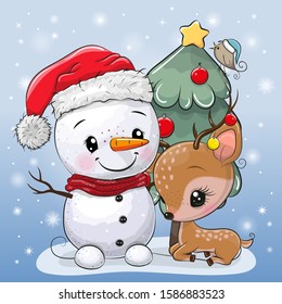 Cute Cartoon Deer and snowman near the Christmas tree