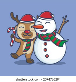 cute cartoon deer with snowman on christmas. vector illustration for mascot logo or sticker