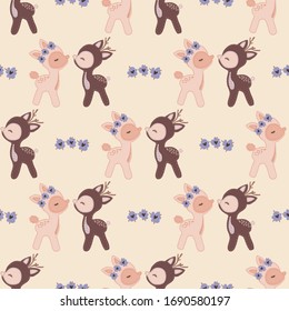 Cute cartoon deer stag flower crown seamless pattern. Kawaii girly doe animal flat color background.  Childish hand drawn doodle style. For nursery decor, boho kids fashion, woodland textile swatch.  