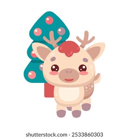 A cute cartoon deer stands in front of a Christmas tree. The deer is smiling and enjoying the festive atmosphere. Vector illustration.