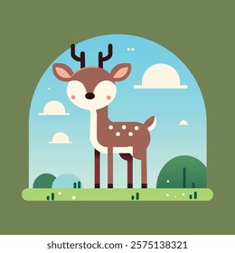 Cute cartoon deer, stylized forest scene, flat design, cloud background, minimalist landscape, baby animal