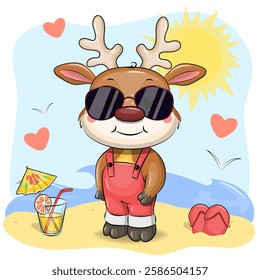 Cute cartoon deer with sunglasses and lemonade on the beach. Summer animal vector illustration with sun, sea and sand.