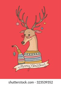 Cute cartoon deer in sweater decorates their horns. Christmas card