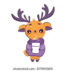 Cute cartoon deer wearing glasses, a purple sweater, and scarf, holding a coffee cup. Perfect for cozy, winter-themed designs. Adorable Cartoon Deer with Glasses and Coffee