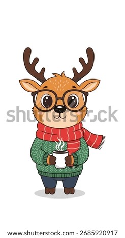 A cute cartoon deer wearing a red scarf and a green sweater holds a mug of hot chocolate.