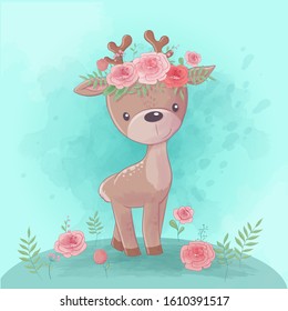 Cute cartoon deer with a wreath of roses, watercolor vector