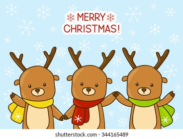 Cute cartoon deers on snow background
