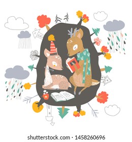 Cute cartoon deers read books in den. Hello autumn. Vector illustration