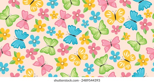 Lindo dibujo animado y mariposas delicadas con flores. Patrón de primavera y verano sin fisuras. Vector.