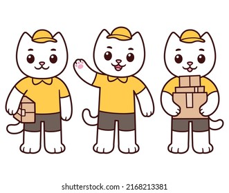 Cute Cartoon Delivery Cat Mascot Set. Post Office Worker, Courier Service. White Kitty In Yellow Uniform Holding Boxes And Waving. Vector Clip Art Illustration.