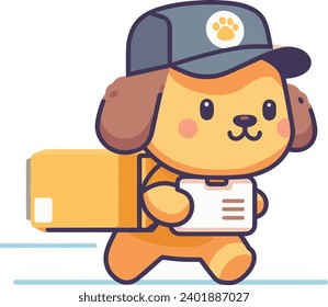 Cute cartoon delivery dog with cap carrying package. Friendly courier dog character delivering parcel, cheerful illustration for kids. Delivery service, pet mascot vector illustration.