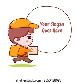 Cute cartoon of delivery man with bubble text. Hand drawn chibi character isolated background.
