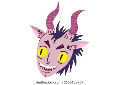 Cute cartoon demon. Hand drawn Christmas Krampus Goat devil illustration. Stock vector illustration isolated on white background.