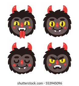 Cute cartoon demon making faces. Little black devil vector illustration, set of different expressions.