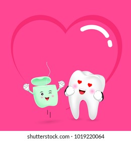 Cute cartoon Dental floss and tooth in love. Dental care concept. Illustration with background of heart.