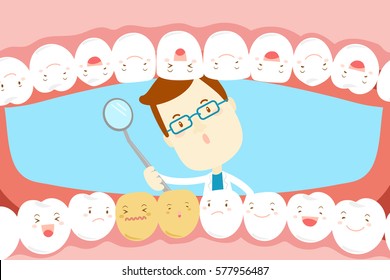 cute cartoon dentist check tooth with decay problem