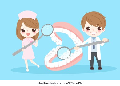 cute cartoon dentist with denture on blue background