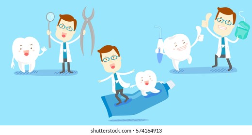 cute cartoon dentist play with tooth happily