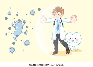 cute cartoon dentist protect tooth on the blue background