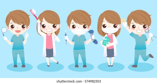 cute cartoon dentist take different tools with blue background