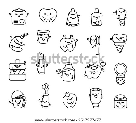 Cute cartoon dentist tool. Coloring Page. Medical items with smiling faces. Hand drawn style. Vector drawing. Collection of design elements.