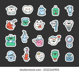 Cute cartoon dentist tool. Sticker Bookmark. Medical items with smiling faces. Hand drawn style. Vector drawing. Collection of design elements.