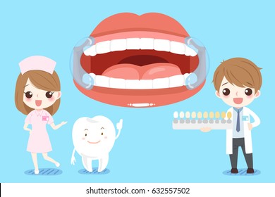 cute cartoon dentist with tooth health concept on blue background