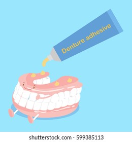 Cute Cartoon Denture With Adhesive On Blue Background