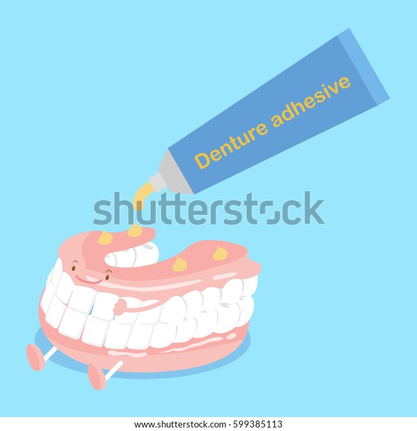 cute\
cartoon denture with adhesive on blue\
background