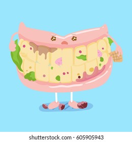 cute cartoon denture with decay problem and feel sad
