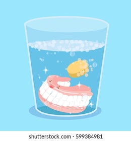 cute cartoon denture with tooth cleaning tablet