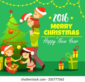 Cute cartoon design concept with happy family decorating christmas tree. Merry christmas greeting card design template. Vector illustration