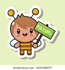 Cute cartoon design sticker with bee character holding Nature sign. Funny insect image. Concept of environmental protection. Isolated on green background. Vector illustration