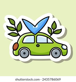 Cute cartoon design sticker of electric car with plants and blue mark. Concept of environmental protection. Isolated on green background. Vector illustration