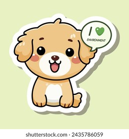 Cute cartoon design sticker of fluffy puppy. Smiling small dog character with I love environment sign. Concept of environmental protection. Isolated on green background. Vector illustration