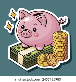 Cute cartoon design sticker with funny smiling piggy bank standing on bankroll near stack of coin. Concept of money saving, economy. Life within means. Isolated on teal background. Vector illustration