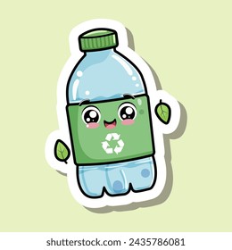 Cute cartoon design sticker of plastic water bottle that could be recycled. Concept of environmental protection and saving nature. Isolated on green background. Vector illustration