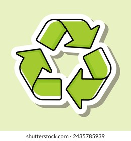 Cute cartoon design sticker of recycling sign consists of bent arrows. Concept of environmental protection. Isolated on green background. Vector illustration