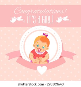 Cute cartoon design template for baby shower,it's girl. Ready design template for greeting card, baby shower invitation,banner,poster. Cute cartoon newborn girl. Vector illustration