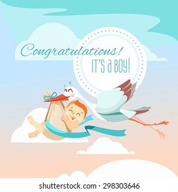 Cute cartoon design template for baby shower,it's boy.Cartoon stork in sky with baby. Design template for greeting card, baby shower invitation,poster. Cute cartoon newborn