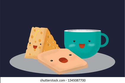 Cute Cartoon design.Bread and 
Butter cheese with Cup.breakfast cartoon.Colorful vector illustration in contemporary art style. Kawaii Modern flat color design.grain and noise texture.