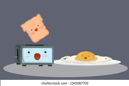 Cute Cartoon design.Bread and Fried egg with toaster.breakfast cartoon.Colorful vector illustration in contemporary art style. Kawaii Modern flat color design.grain and noise texture.