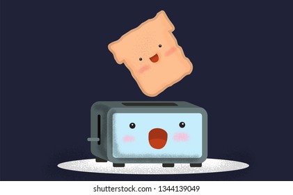 Cute Cartoon design.Bread with toaster.breakfast cartoon.Colorful vector illustration in contemporary art style. Kawaii Modern flat color design.grain and noise texture.