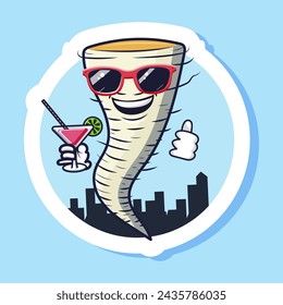 Cute cartoon designed children sticker with white tornado. Smiling hurricane hold cocktail glass. Whirlwind wearing sunglasses. Cityscape silhouette. Isolated on blue background. Vector illustration