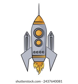 Cute cartoon designed rocket launch. Grey and orange outer space vehicle. Astronaut engineering concept. Sensing sattelite to Earth orbite. Isolated on white background. Vector illustration