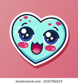 Cute cartoon designed sticker with blue smiling amazing heart. Lovely emoticon character. Cheerful emoji. Romantic expression. Isolated on pink background. Vector illustration