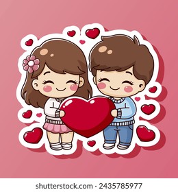 Cute cartoon designed sticker with lovely boy and girl couple. Happy valentines day card with flying heart. Children characters. Romantic dating card. Isolated on pink background. Vector illustration