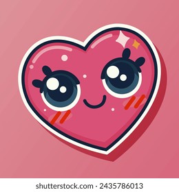 Cute cartoon designed sticker with pink smiling amazing heart. Lovely emoticon character. Cheerful emoji. Romantic expression. Isolated on pink background. Vector illustration