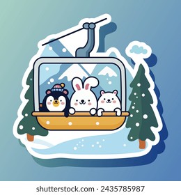 Pegatina de diseño de dibujos animados lindo con remonte y animal dentro. Ascensor de montaña con oso y conejo en paisaje forestal. Autopista con personajes. Aislado sobre fondo azul. Ilustración de vector